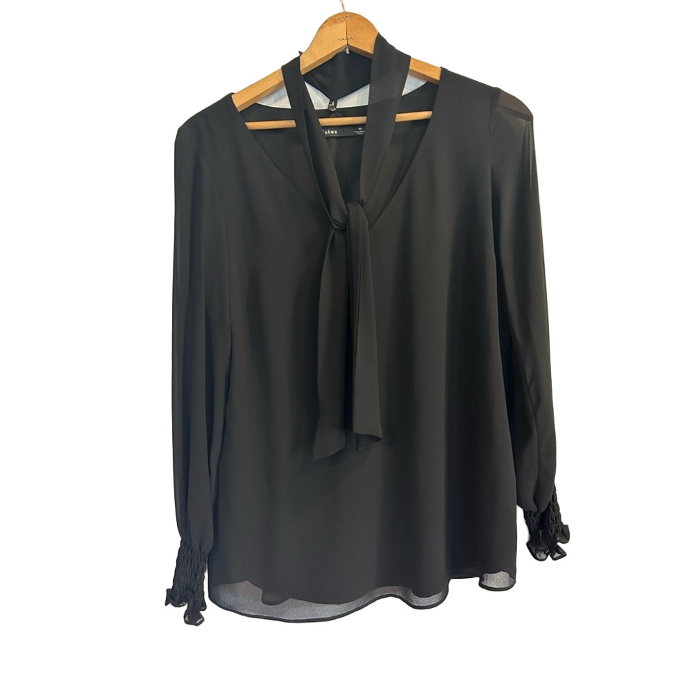 Iris Setlakwe Black Long Sleeve Silk Blouse with Tie Neck – Size 10